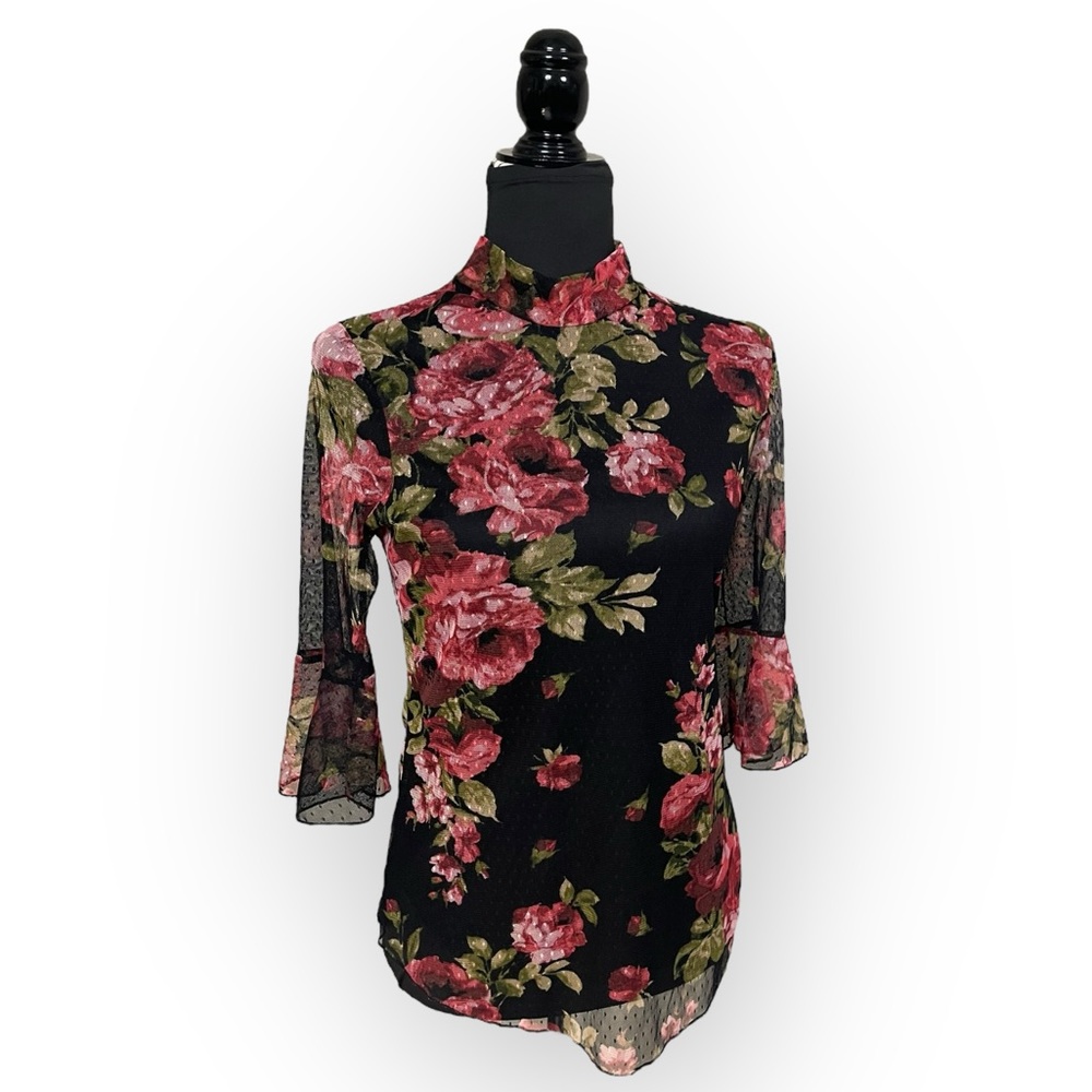 Sheer Floral Flare 1/2 Sleeve Flare Blouse Polka Dots